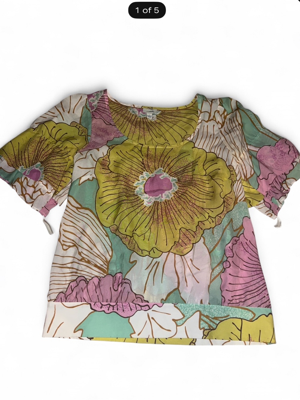 Anthropologie Odille Pastel Floral Scoop-Neck Blouse w: Ruffle Sleeves 100% Silk